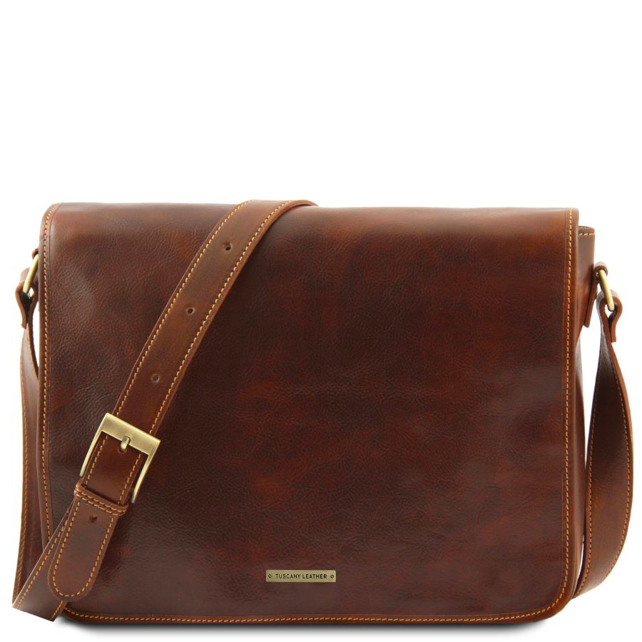 Messenger double - Tasche mit Laptopfach aus Leder Braun