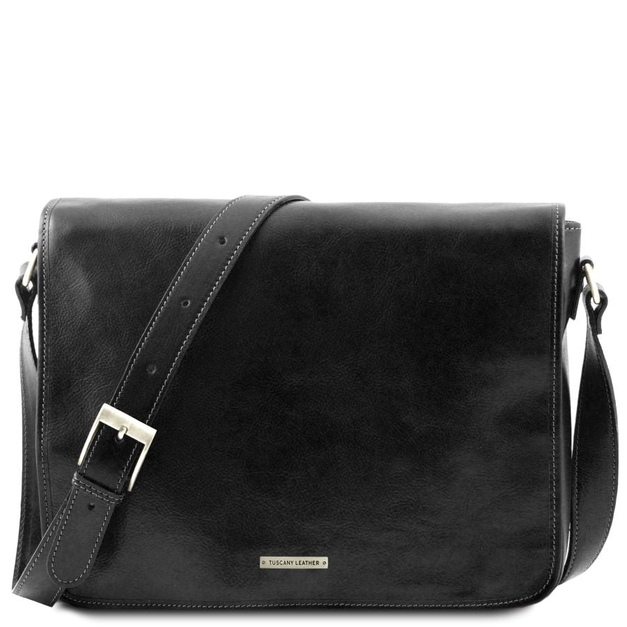 Messenger double - mit Laptopfach Leder-Schwarz