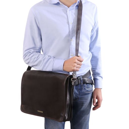 Messenger double - mit Laptopfach Leder-Schwarz