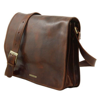 Messenger double - Tasche mit Laptopfach aus Leder Braun
