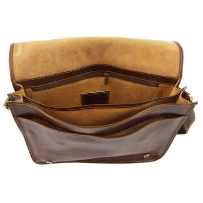 Messenger double - Tasche mit Laptopfach aus Leder Braun