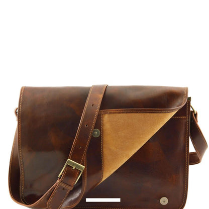 Messenger double - Tasche mit Laptopfach aus Leder Braun